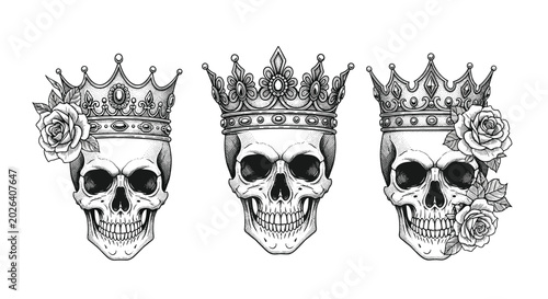 Fotografia Three detailed monochrome sketches show human skulls wearing ornate royal crowns and surrounded by delicate roses
