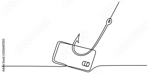 Schilderij op canvas Continuous line drawing of a credit card caught on a fishing hook