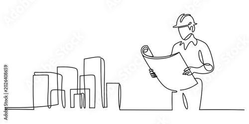 Canvastavla Continuous line drawing of an engineer looking at building blueprints