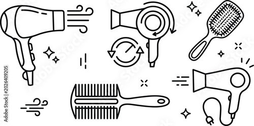 Bild auf Leinwand Hair dryer and comb icon set with hairbrush hot air blowing flow rotation arrows