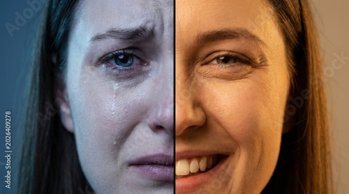 Split Portrait of Woman Crying and Smiling Emotional Duality