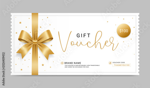 Gift voucher template layout. gift card with gold ribbon and bow