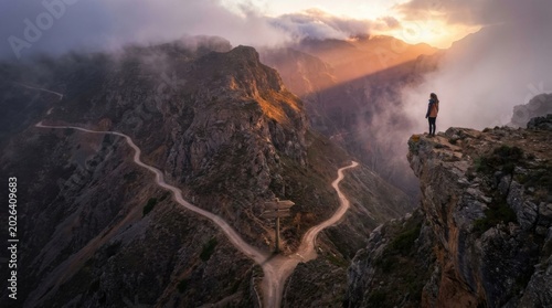 Aerial View of Hiker on Dramatic Mountain Canyon Landscape