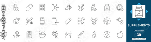 Bild auf Leinwand Supplement line icon set featuring vitamins, nutrition, dietary, minerals, pills, capsules, and protein