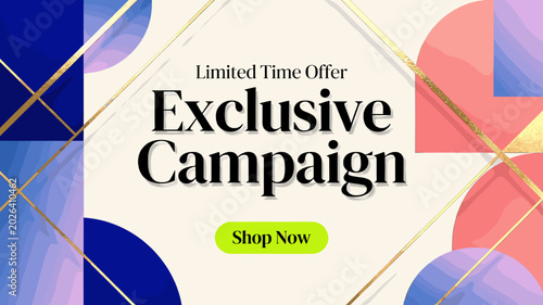 Bild auf Leinwand A promotional banner advertising an exclusive campaign with a limited-time offer, featuring abstract geometric shapes in blue, pink, and gold on a light background