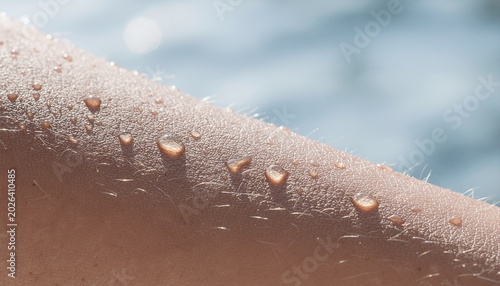 detail of water droplets on tanned skin near blue water
