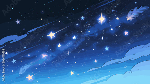 Fotografie A whimsical and dreamy night sky scene filled with sparkling stars, shooting stars, and soft blue and purple cloud formations, with a feather gently floating