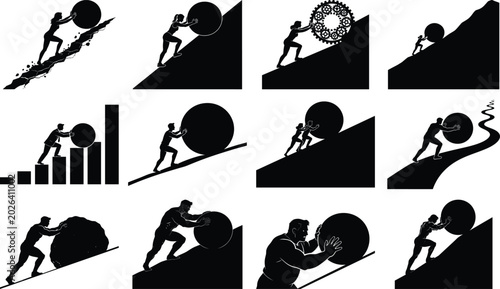 Foto Set of silhouettes depicting people pushing heavy boulders uphill, Sisyphus myth