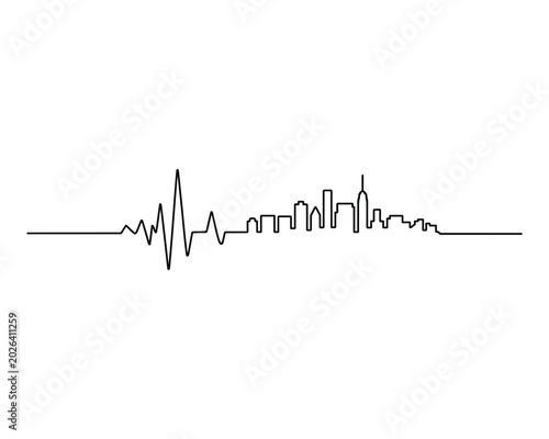 City skyline silhouette with heartbeat line graph pattern  urban landscape