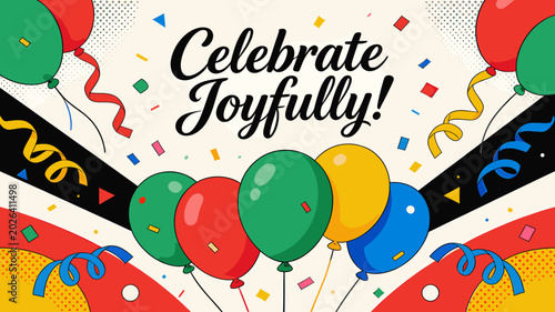 Fotografi A vibrant illustration celebrating joy with colorful balloons, confetti, and streamers, conveying a festive and happy atmosphere