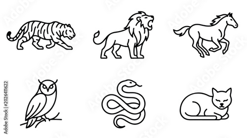 Fotografi Minimalist animal line icons set, black outline wildlife vector illustrations, 6