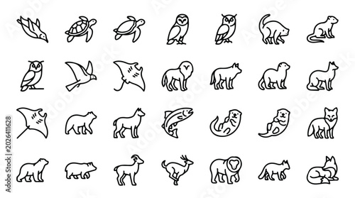 Photography Minimalist wild animal line icons, set of 28 wildlife vector symbols, modern out
