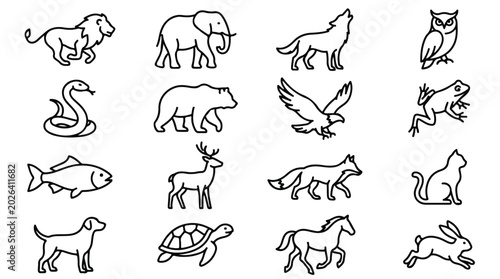 Photography Minimalist wild animal line icons, set of 16 modern wildlife vector symbols, cle