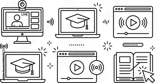 Foto Online education e-learning icon set with graduation cap computer laptop webinar