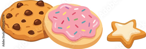 Schilderij op canvas vector illustration of chocolate chip cookie, pink frosted cookie, and star-shaped cookie, ideal for bakery, dessert, and sweet food design