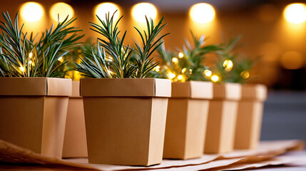 Potted herb with fairy lights rosemary plant takeout container kraft pot festive lighting holiday decor bokeh background tabletop display