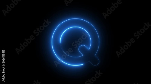 Glowing neon letter q animation with electric blue light effect on black background, alphabet typography