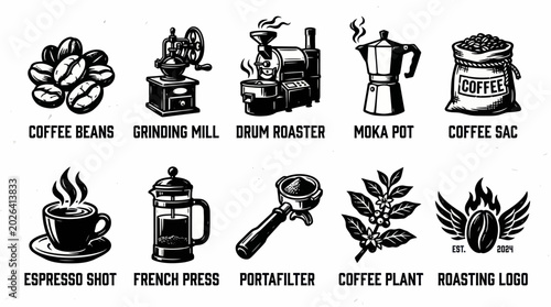 Hand Drawn Woodcut Coffee Element Illustration Set