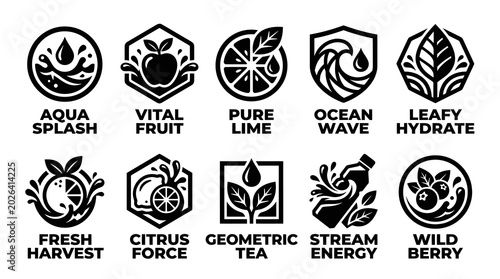 Minimalist Beverage and Fruit Juice Label Icons Set
