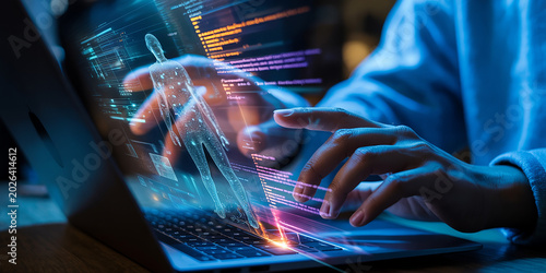 Person interacting with futuristic digital interface on laptop computer screen at night