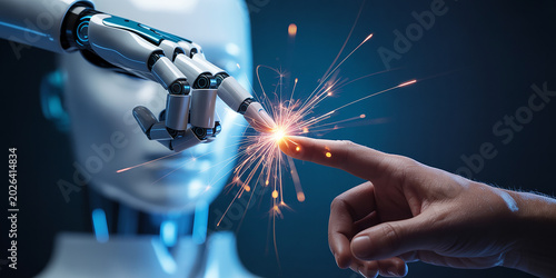 Robot and human hand touching with sparks flying between them in futuristic scene