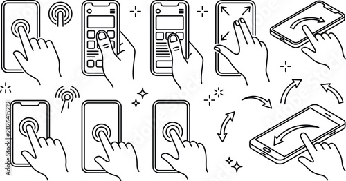 Fotografie Touch screen gestures icon set with hand holding smartphone tapping zooming scro
