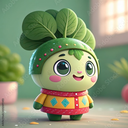 Cute Spinach Cartoon Character with Leaf Hat and Heart Outfit, adorable leafy vegetable mascot illustration for children branding and healthy food promotions
