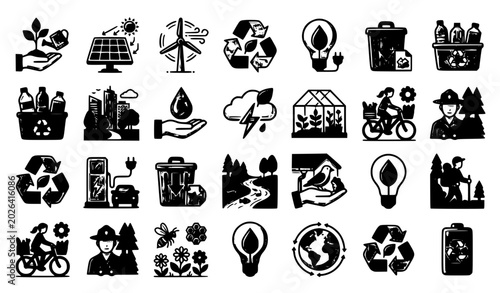 Quadro em tela A clean minimal vector illustration set of pixel perfect environment icons displayed in a balanced grid on a solid white background