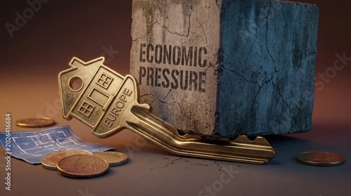 European Housing Market Pressure: Golden House Key Crushed by Concrete Block, Symbolizing Economic Crisis and Strain