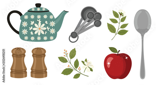 Collection of charming kitchen items including a decorated teapot, measuring spoons, an apple, and wooden salt and pepper shakers.