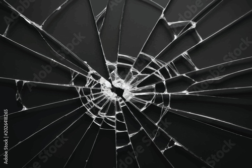 Broken glass texture on black background. Shattered window pane, cracked screen overlay, and abstract sharp shards background.
