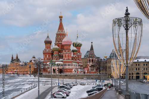 St. Basil's Cathedral (Cathedral of Vasily the Blessed) as viewed from Vasilyevsky Descent Square on a sunny winter day, Moscow, Russia