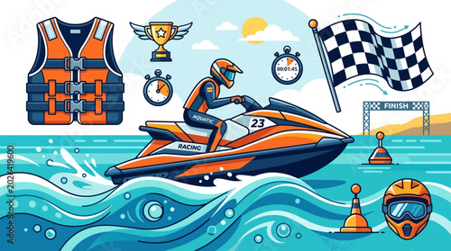 Bild auf Leinwand Professional Jet Ski Racing Vector Illustration Set with PWC Rider, Life Jacket,