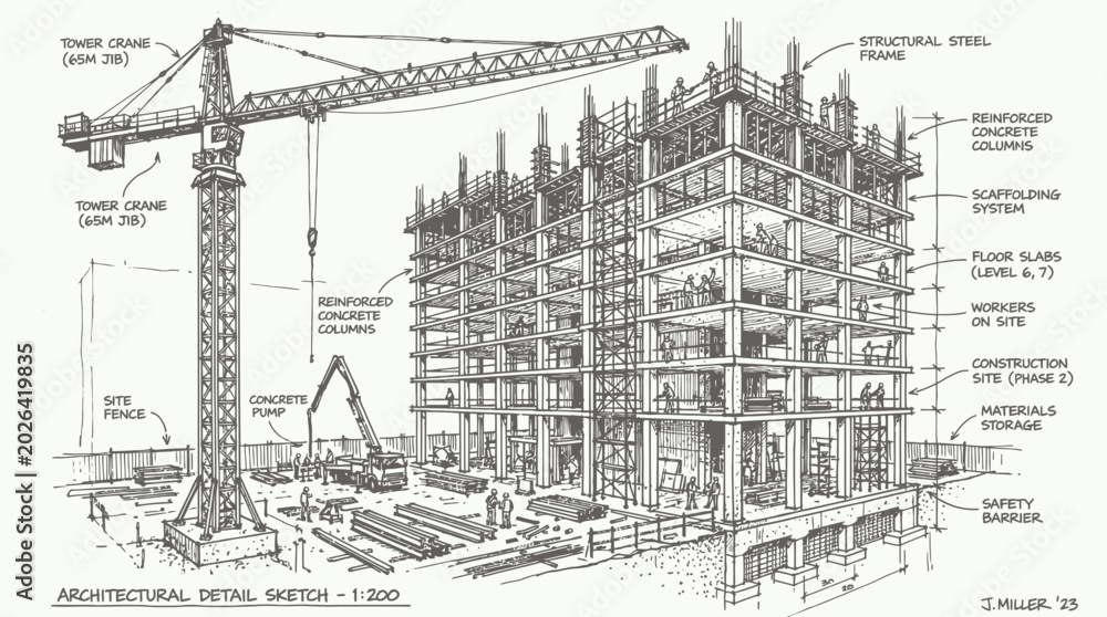 Obraz premium Detailed architectural isometric sketch illustrating a multi-story building construction site with a tower crane, illustrating urban development progress and covering structural engineering processes