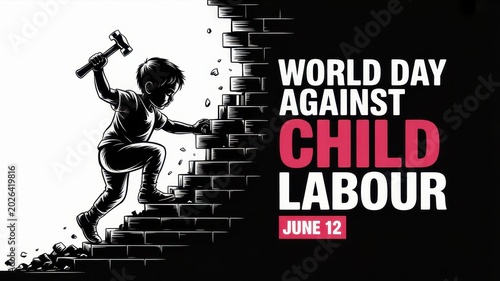 World Day Against Child Labour concept with child climbing crumbling stairs, carrying hammer