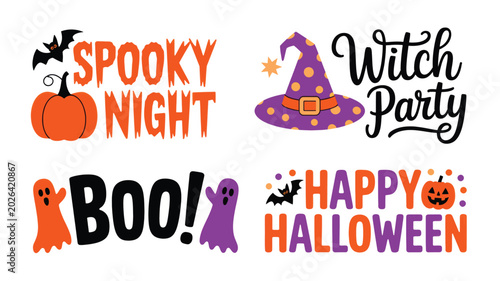 Set of colorful halloween typography designs featuring festive holiday icons and spooky lettering on white background