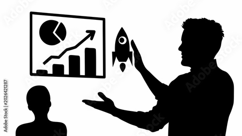 Silhouette of businessman presenting growth chart and rocket to audience