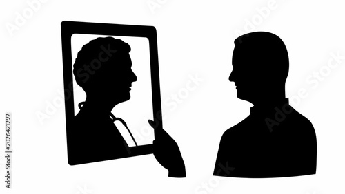 Black silhouette of doctor consulting patient on tablet in white background