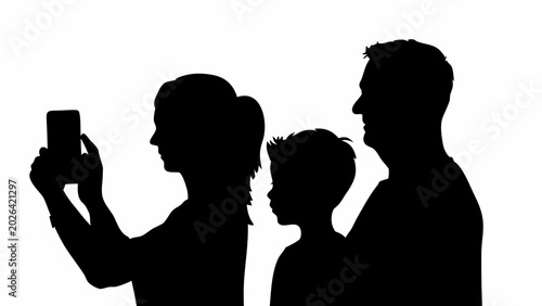 Family silhouette taking photo with smartphone on white background