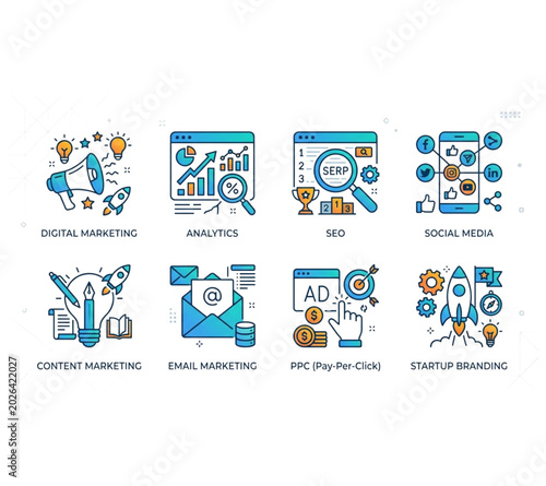 Set of digital marketing icons for business and website development projects