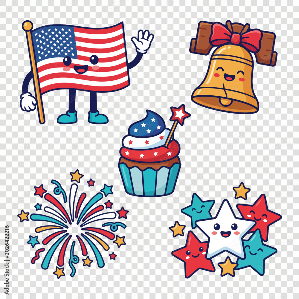 Obraz premium American flag character waves beside patriotic icons on festive background