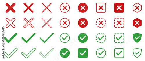 Check mark and cross symbol collection for approval, rejection, validation, success, error, verification, cancel, and confirmation interface design.