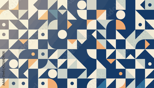 Geometric abstract pattern background with navy blue, cream, and orange shapes like triangles, circles, and squares arranged in a grid-based modernist Swiss graphic design layout.