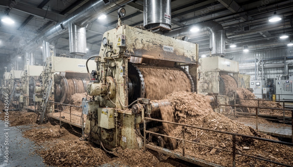 Fototapeta premium Medium shot of highconsistency mechanical pulping refiners shaping dense pulp fibers in an industrial refining hall showcasing powerful grinders processing wood chips.