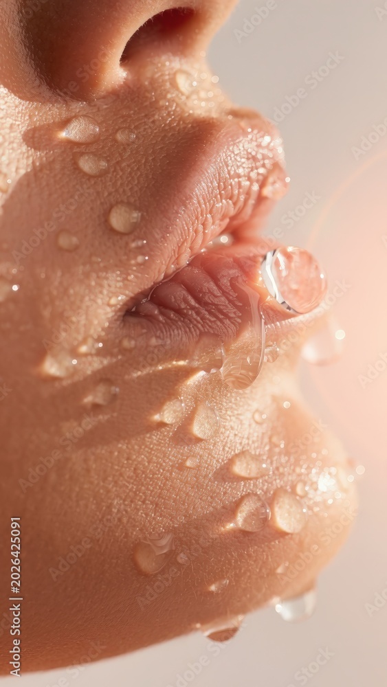 Fototapeta premium profile of water droplets on tanned skin of woman face with lens flare
