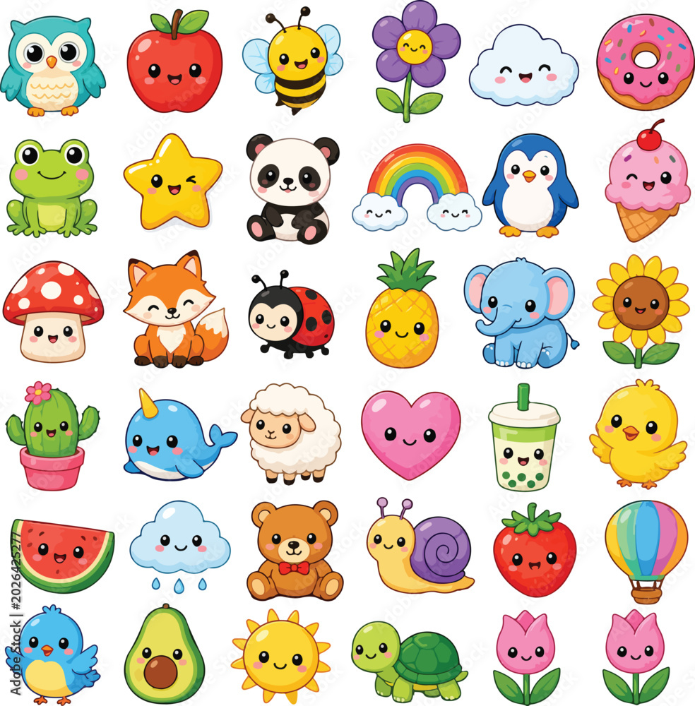 Obraz premium Kids Doodle Sticker Set with Cute Animals and Happy vector icons pack isolated on white background 