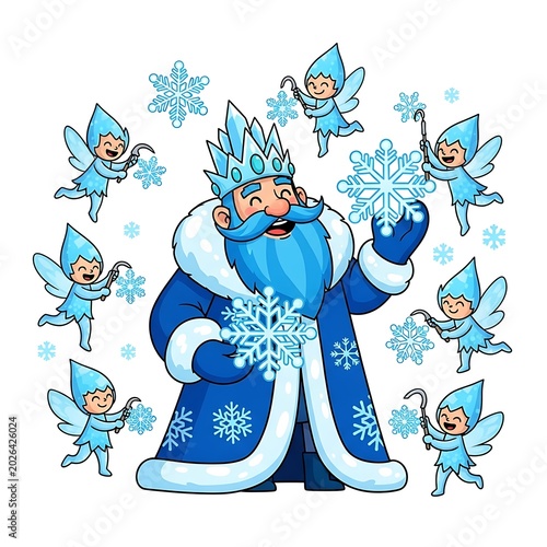 Jolly winter king with icy helpers creates snowflakes, surrounded by cheerful little sprites