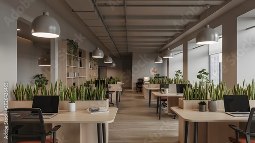 Contemporary coworking space with desks, laptops, and plants