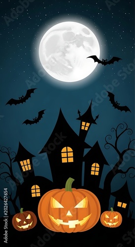 Spooky haunted house with jack-o'-lanterns under a full moon