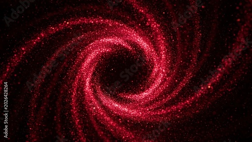 Abstract red spiral galaxy background with glowing particles and stardust in deep space